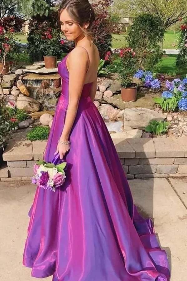 Simple Purple Prom Dresses Satin V Neck Spaghetti Straps Formal Dress