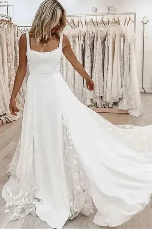 Simple Satin A-line Square Neck Vintage Wedding Dress With Lace Flowers, SW616