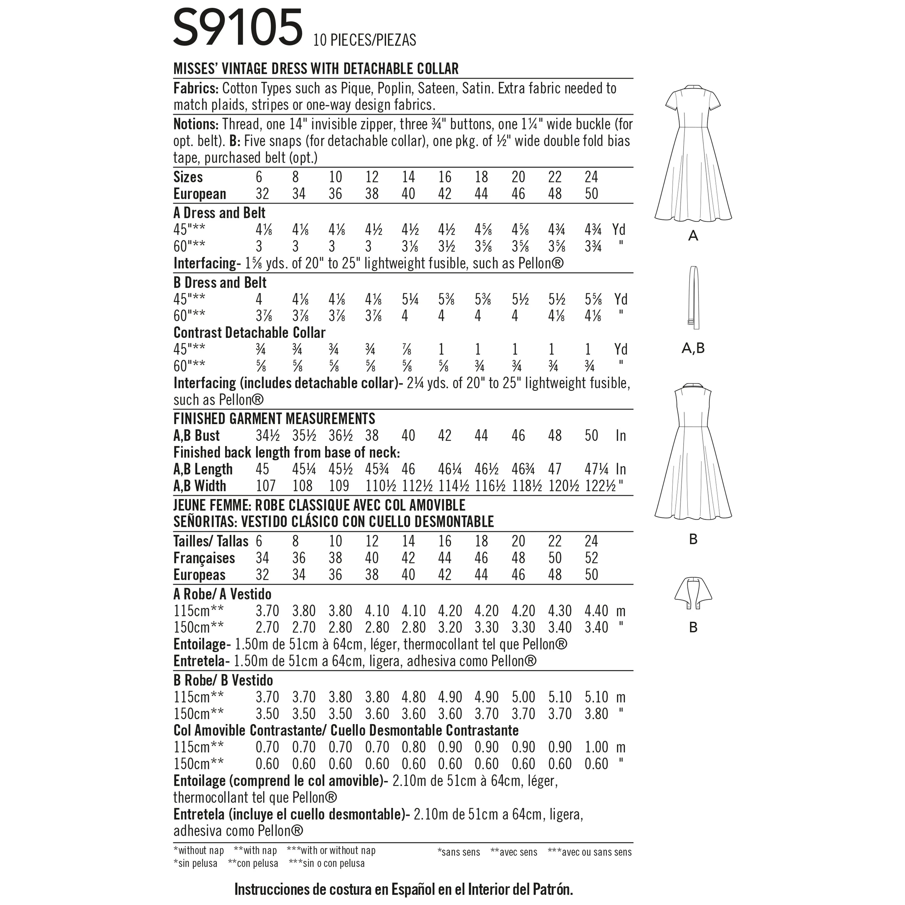 Simplicity Pattern 9105 Misses' Vintage Dress With Detachable Collar