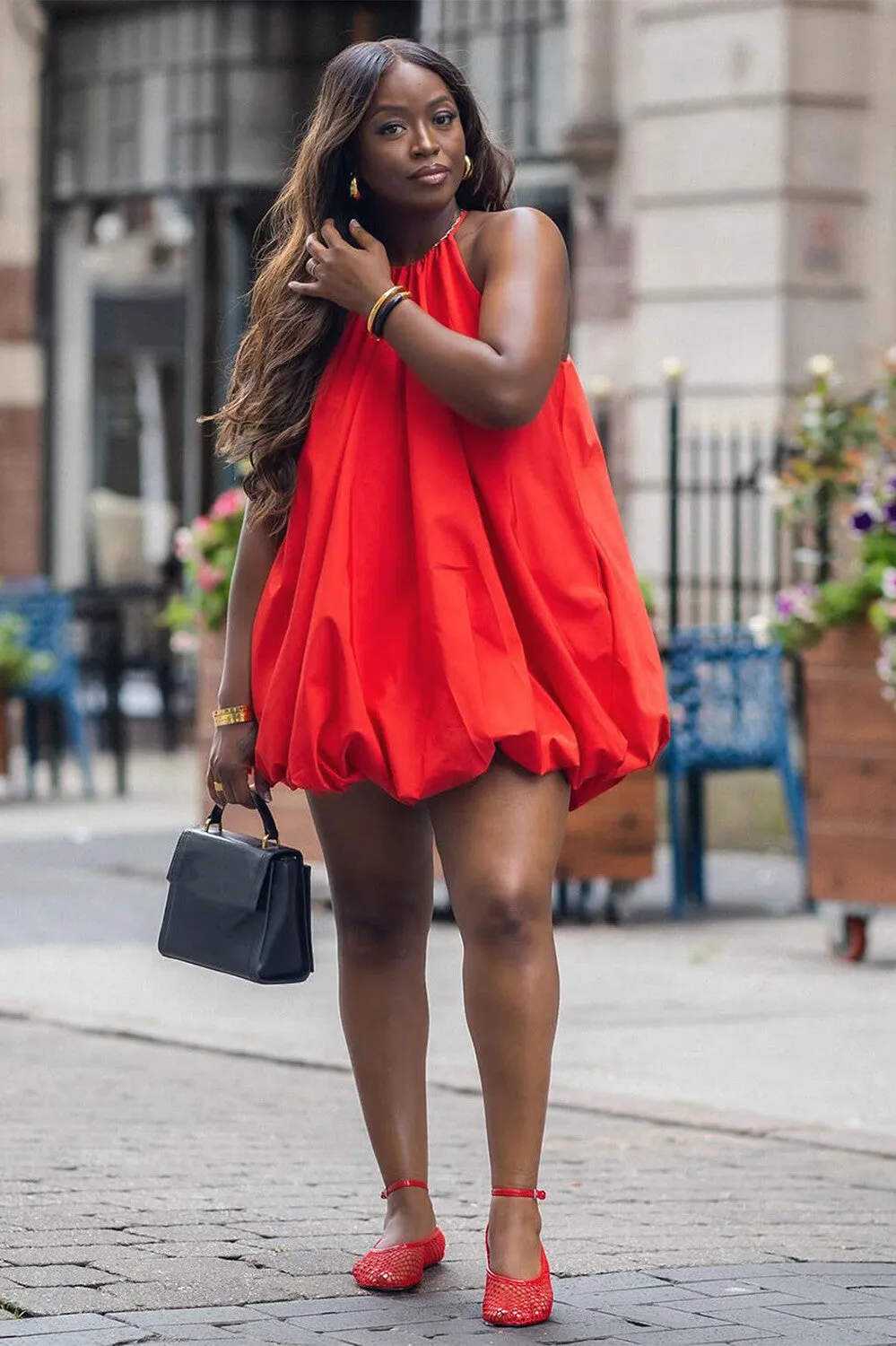 Sleeveless Halter Neck Solid Color Bubbled Mini Dresses-Red