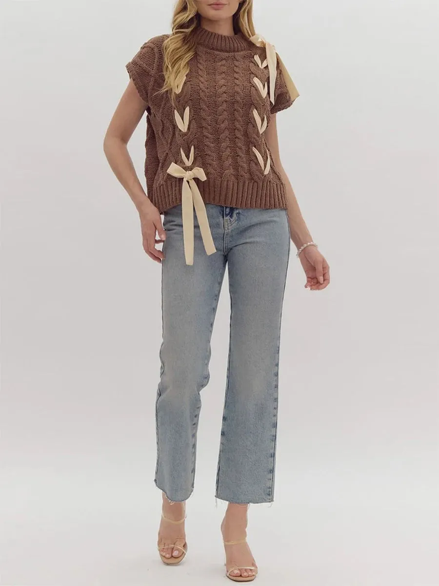 Sleeveless Solid Tie Front Knitted Vest