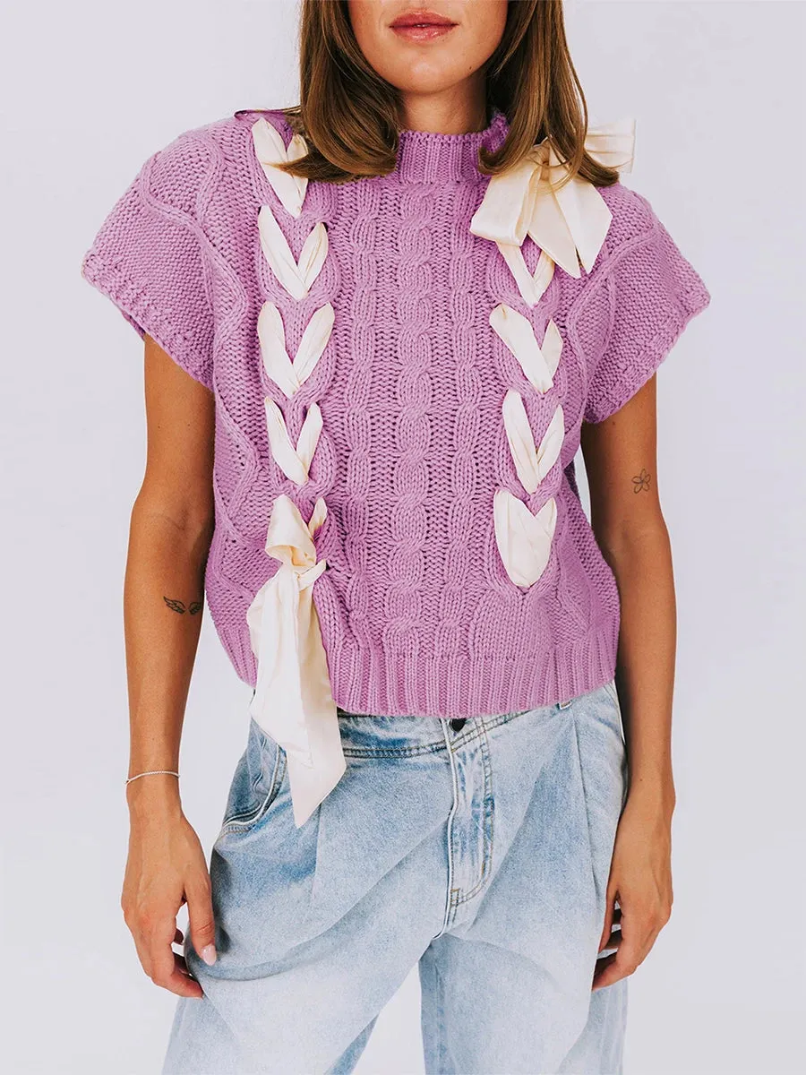Sleeveless Solid Tie Front Knitted Vest