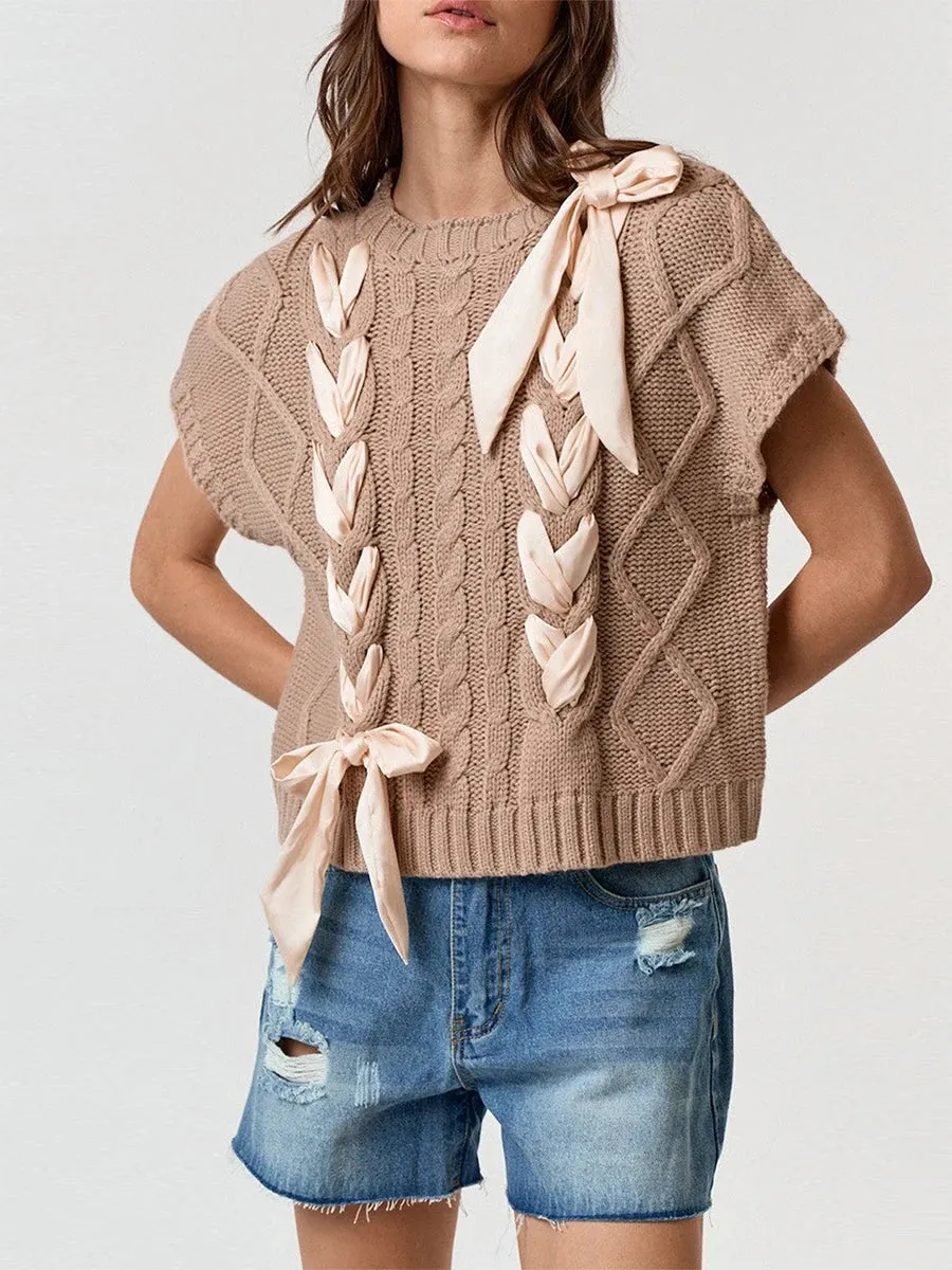 Sleeveless Solid Tie Front Knitted Vest