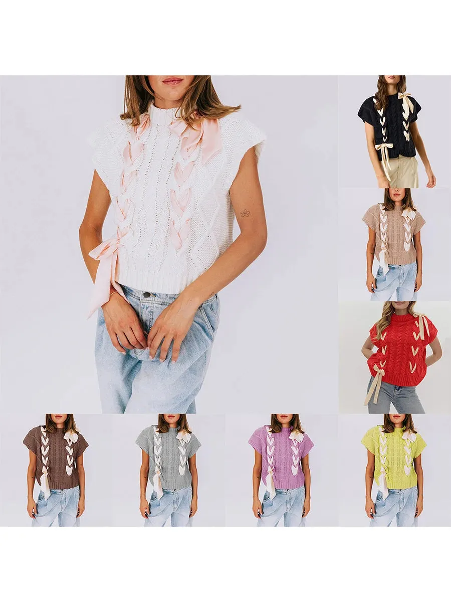 Sleeveless Solid Tie Front Knitted Vest