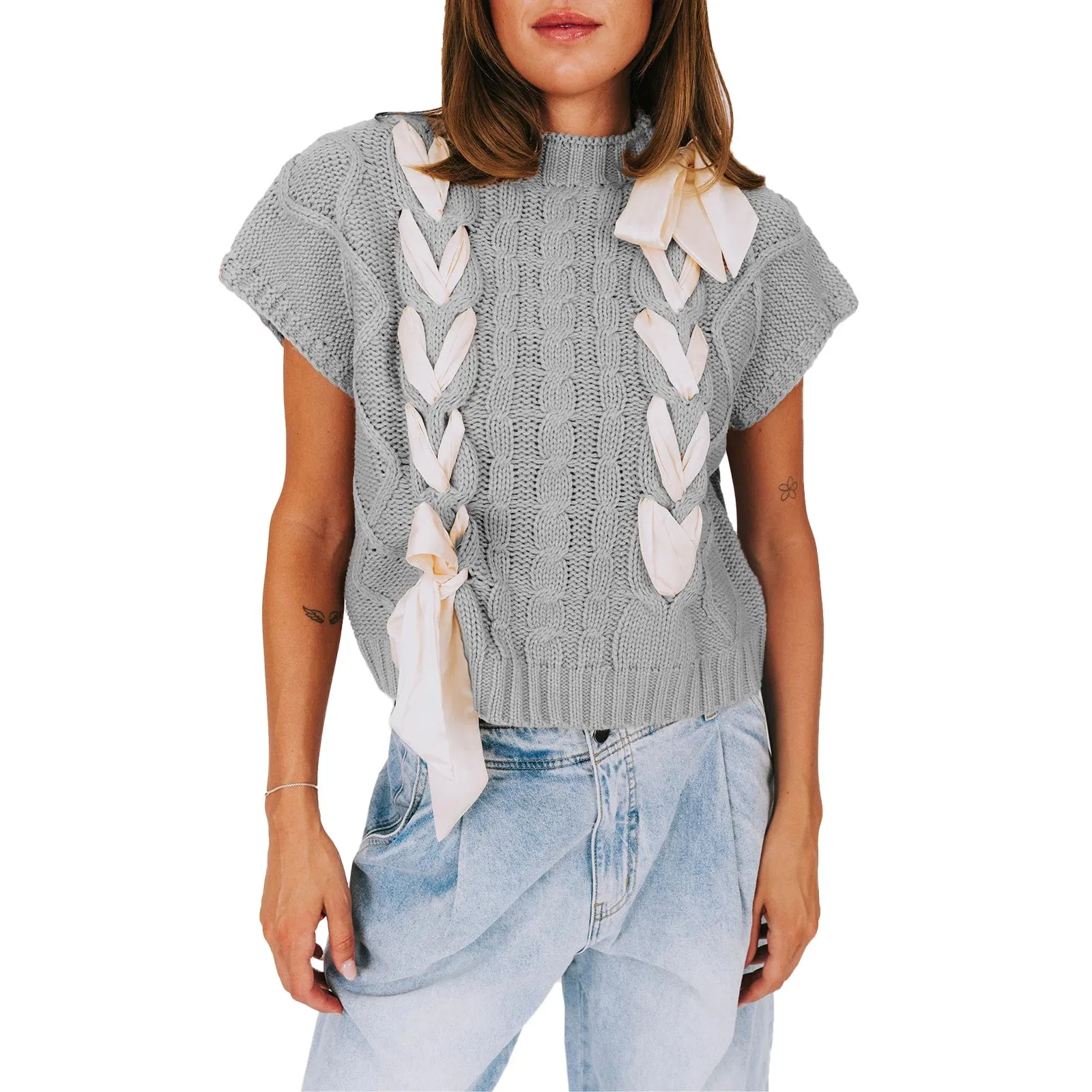 Sleeveless Solid Tie Front Knitted Vest