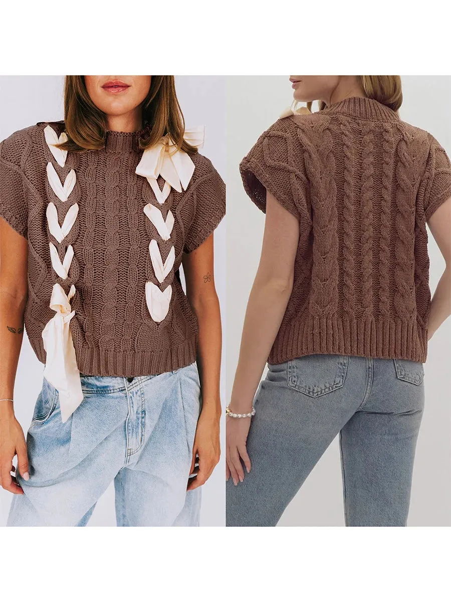 Sleeveless Solid Tie Front Knitted Vest