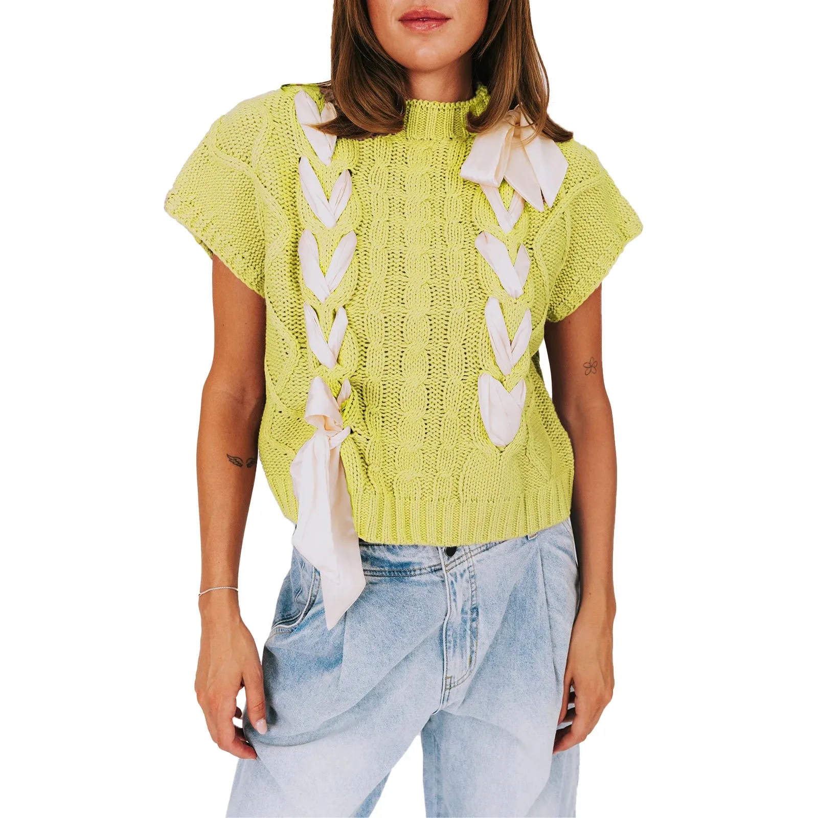 Sleeveless Solid Tie Front Knitted Vest
