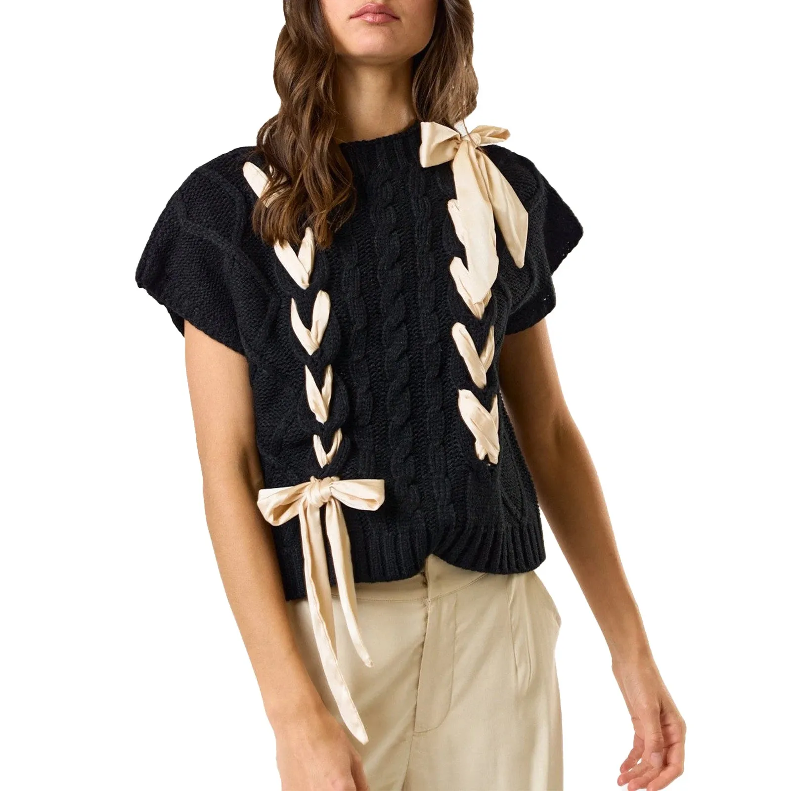Sleeveless Solid Tie Front Knitted Vest