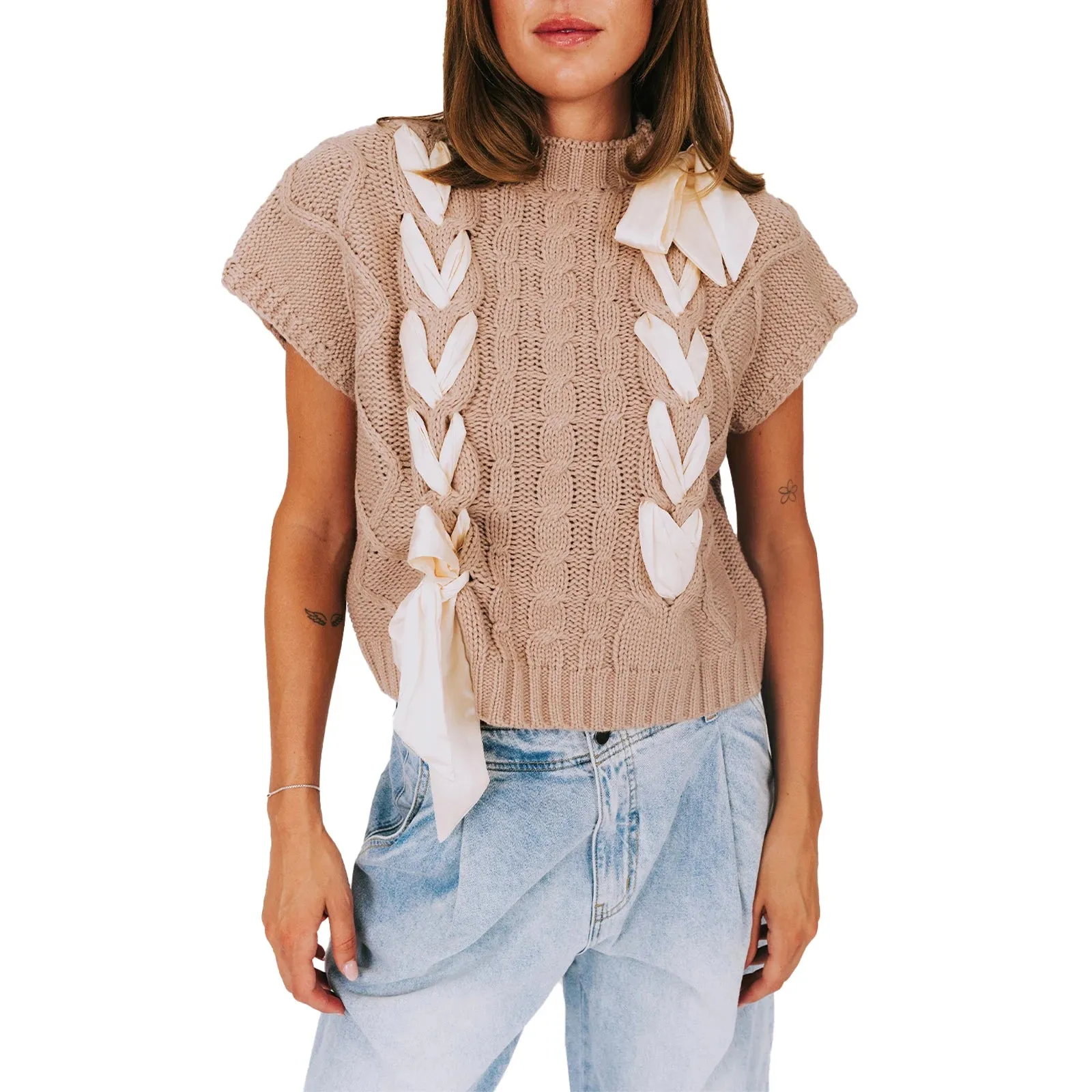Sleeveless Solid Tie Front Knitted Vest