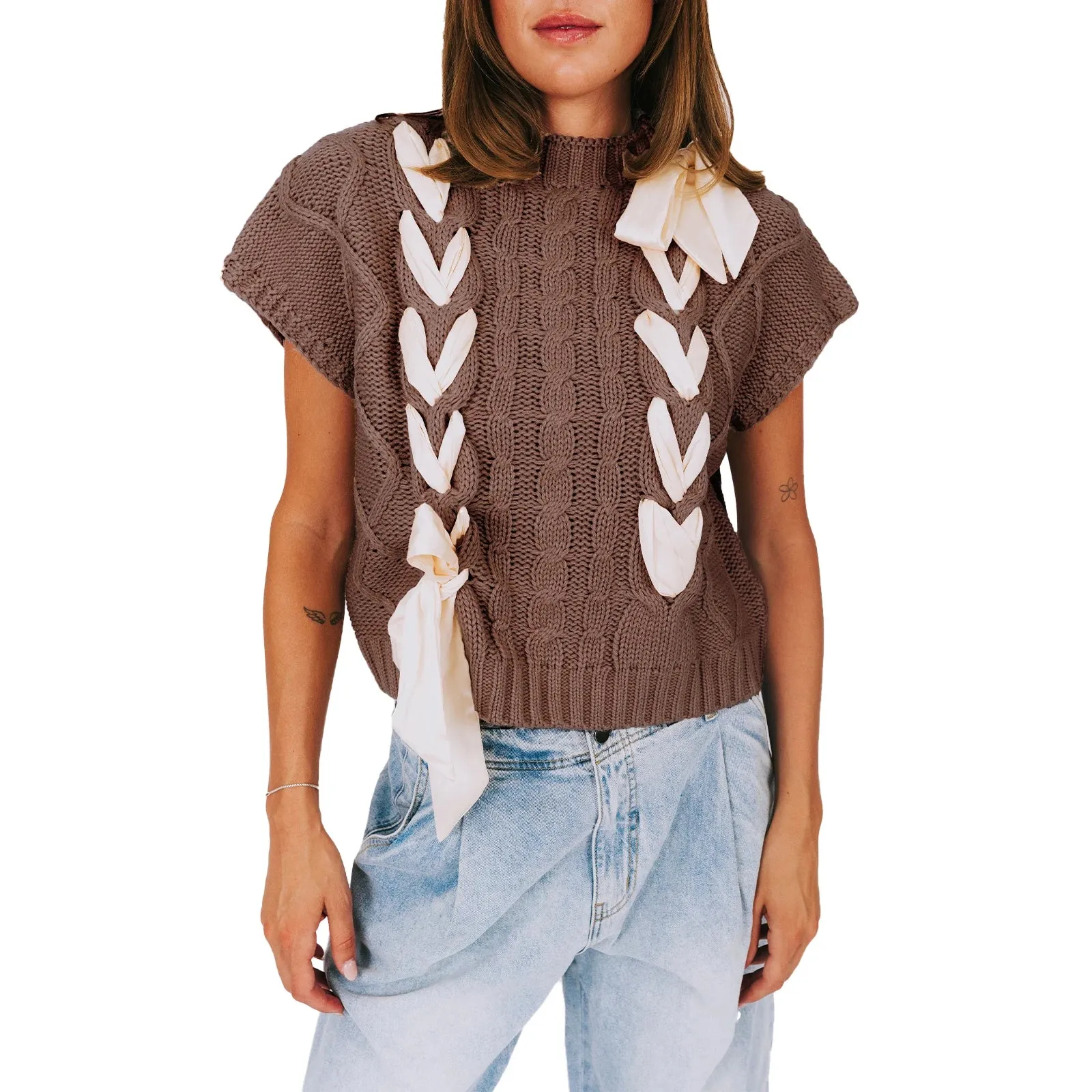 Sleeveless Solid Tie Front Knitted Vest