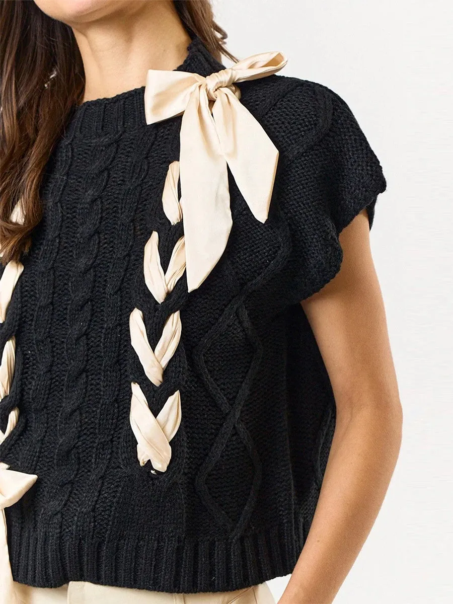 Sleeveless Solid Tie Front Knitted Vest