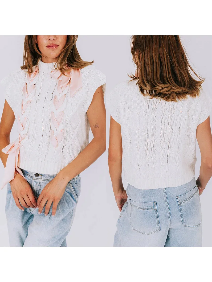 Sleeveless Solid Tie Front Knitted Vest