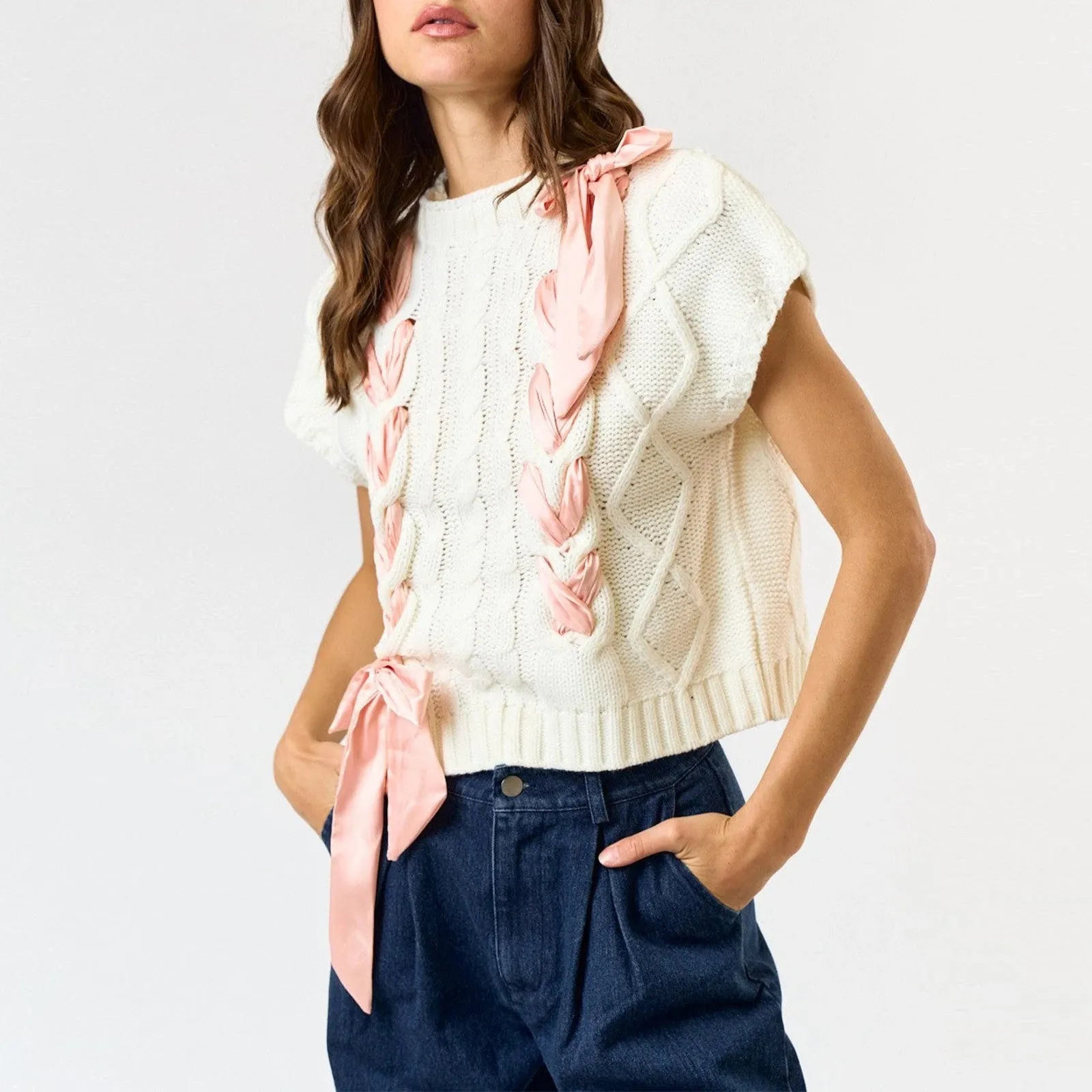 Sleeveless Solid Tie Front Knitted Vest