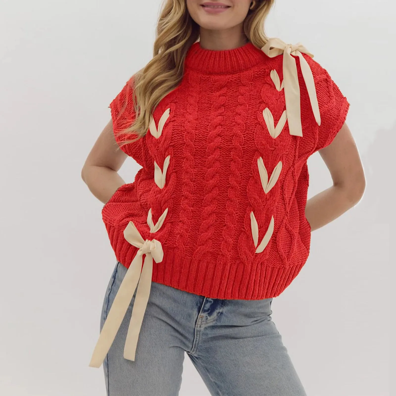 Sleeveless Solid Tie Front Knitted Vest