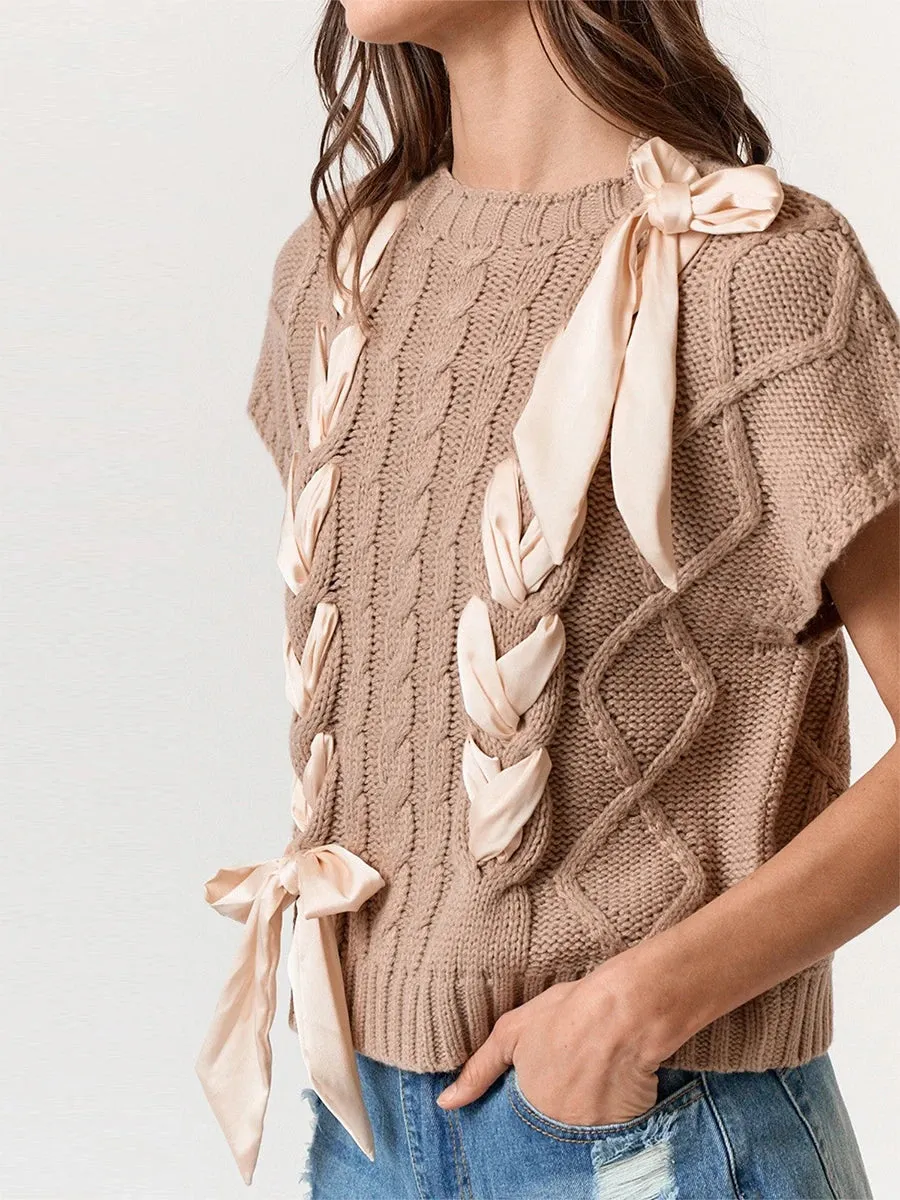 Sleeveless Solid Tie Front Knitted Vest