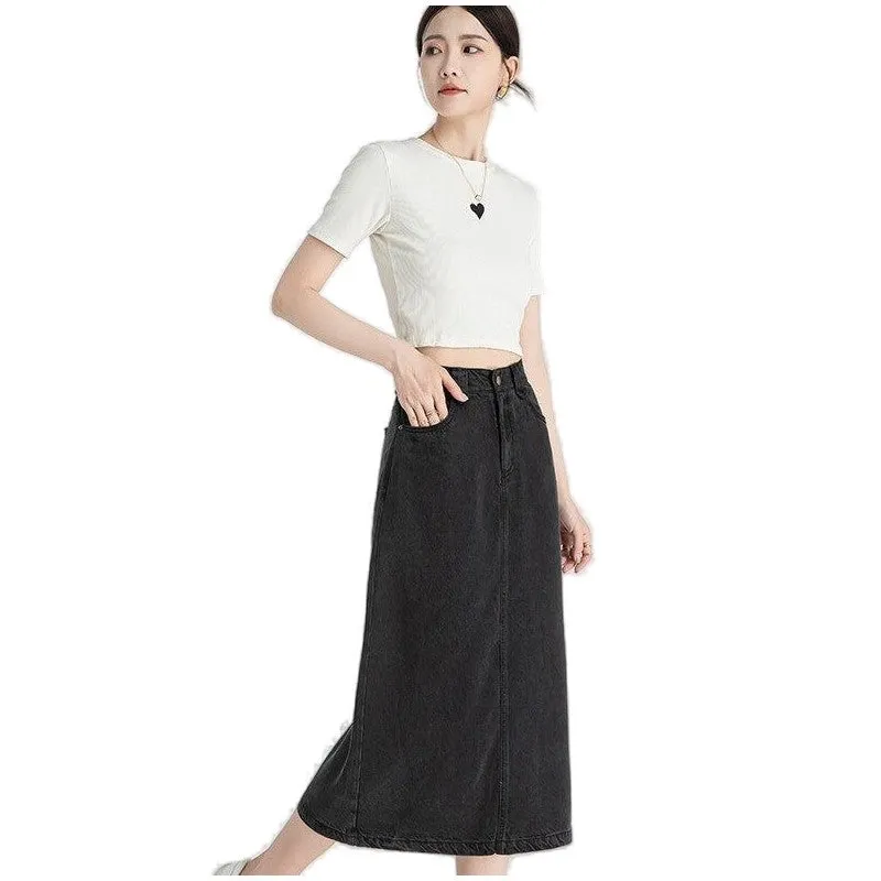 Slim Fit High-Waisted Denim Midi Skirt With Side Slit