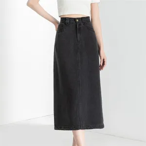 Slim Fit High-Waisted Denim Midi Skirt With Side Slit