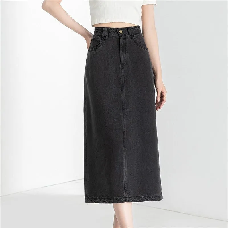 Slim Fit High-Waisted Denim Midi Skirt With Side Slit