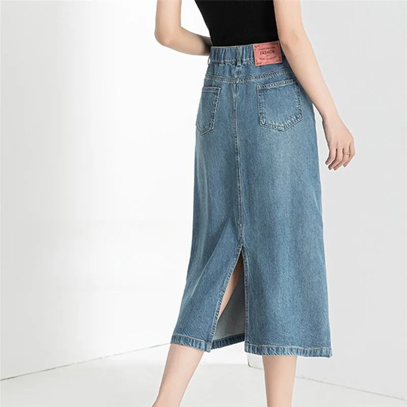 Slim Fit High-Waisted Denim Midi Skirt With Side Slit
