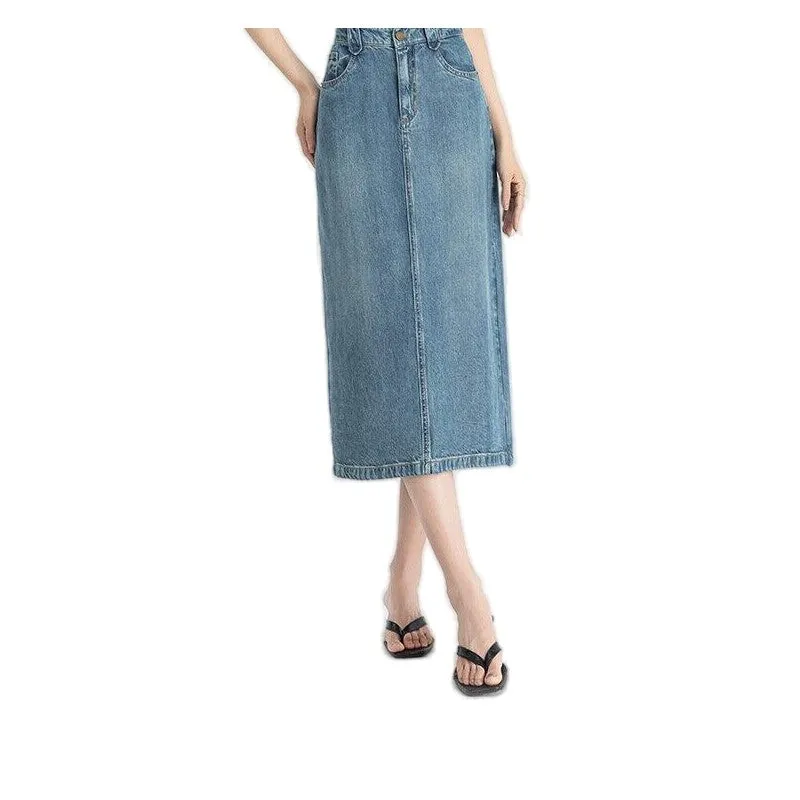 Slim Fit High-Waisted Denim Midi Skirt With Side Slit