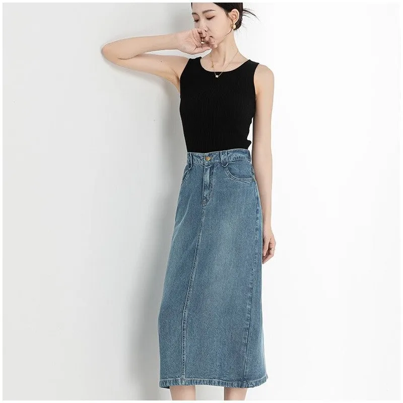 Slim Fit High-Waisted Denim Midi Skirt With Side Slit