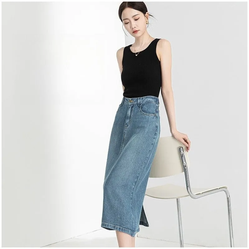 Slim Fit High-Waisted Denim Midi Skirt With Side Slit