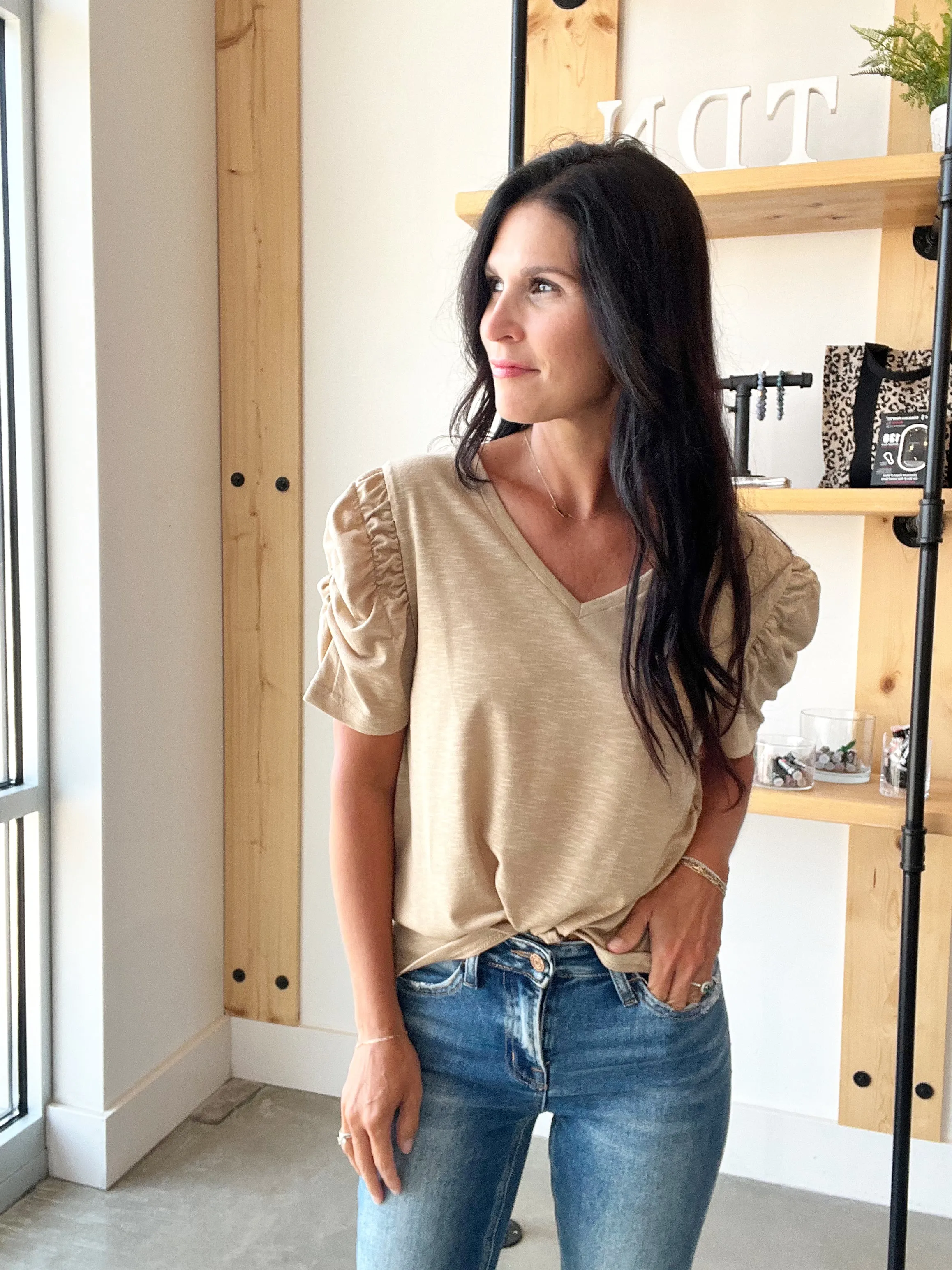 Slub Knit Puff Sleeve Top in Stone