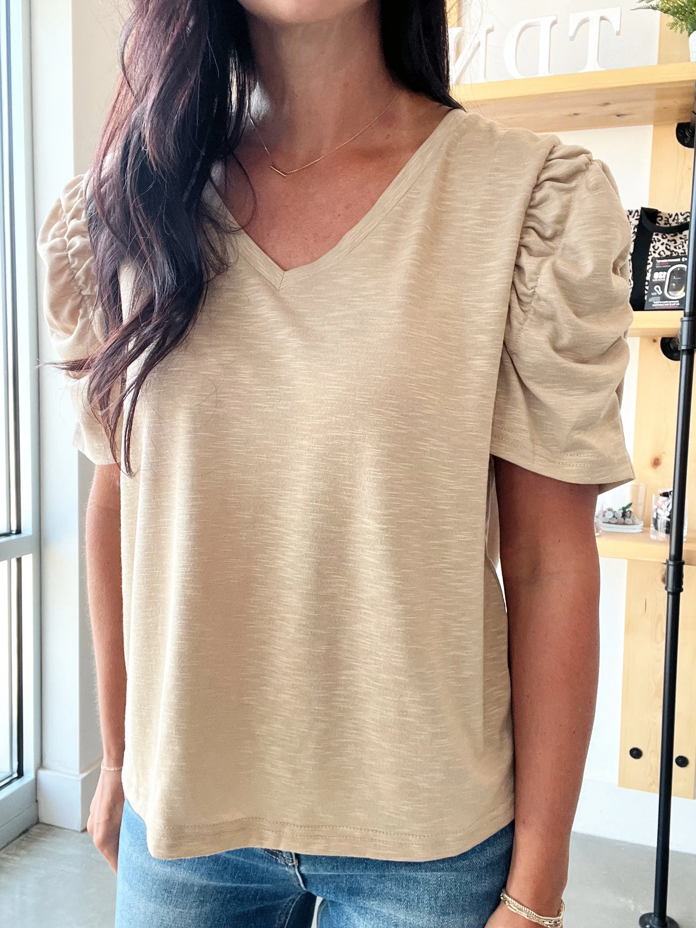 Slub Knit Puff Sleeve Top in Stone