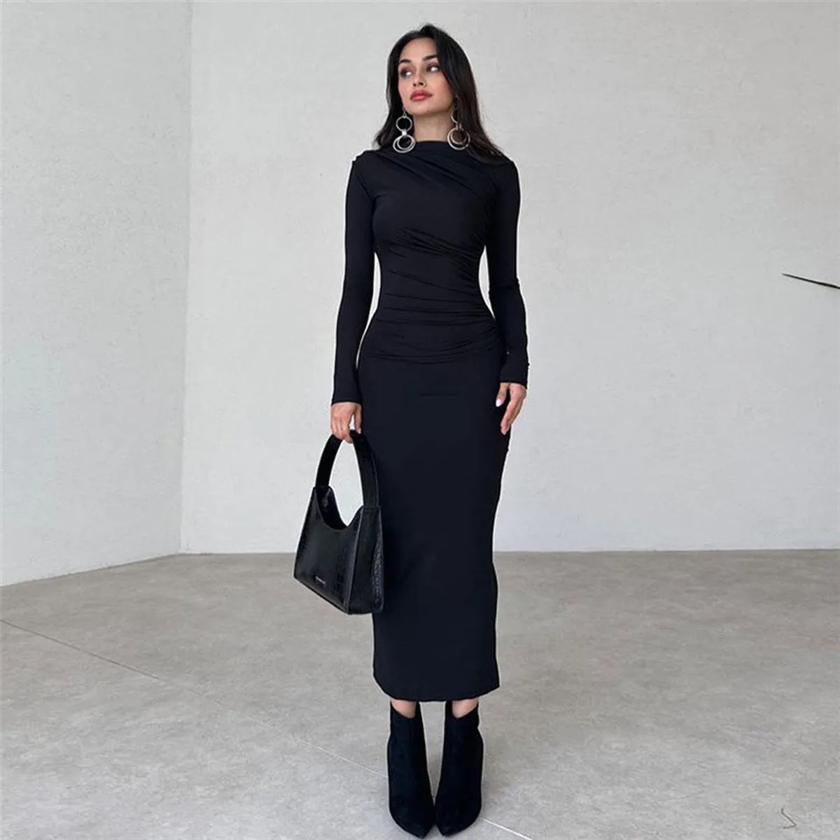 Solid Black Long Sleeve Bodycon Dress