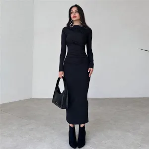 Solid Black Long Sleeve Bodycon Dress