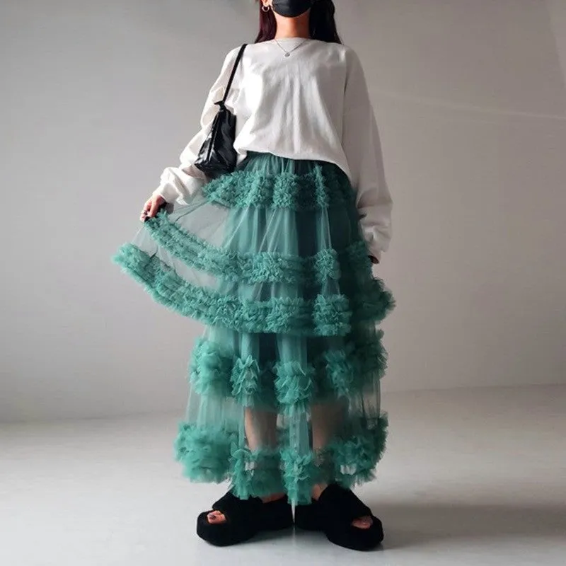 Solid Color Elastic Waist Anti-Light Leakage Mesh Half Skirt