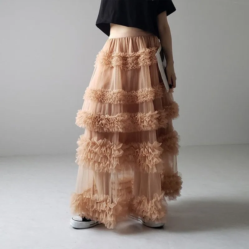 Solid Color Elastic Waist Anti-Light Leakage Mesh Half Skirt
