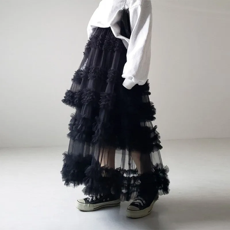 Solid Color Elastic Waist Anti-Light Leakage Mesh Half Skirt