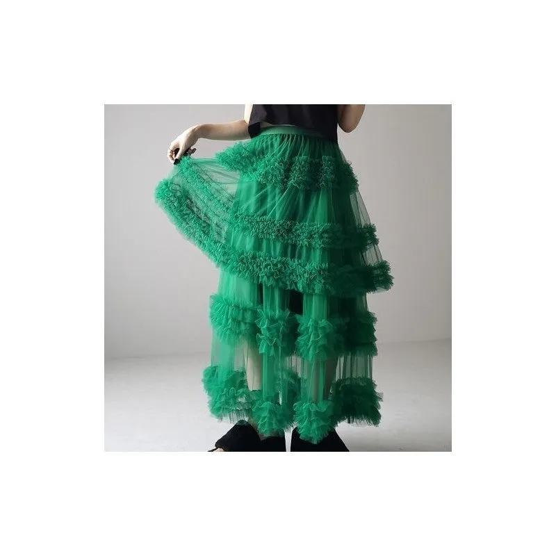 Solid Color Elastic Waist Anti-Light Leakage Mesh Half Skirt