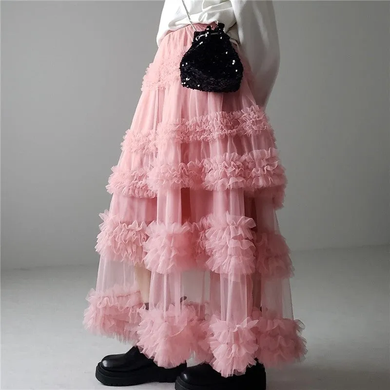 Solid Color Elastic Waist Anti-Light Leakage Mesh Half Skirt