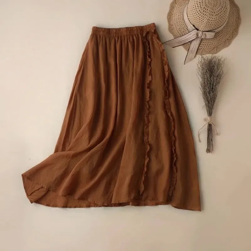 Solid Color Elastic Waist Half Skirt With Mushroom Edge