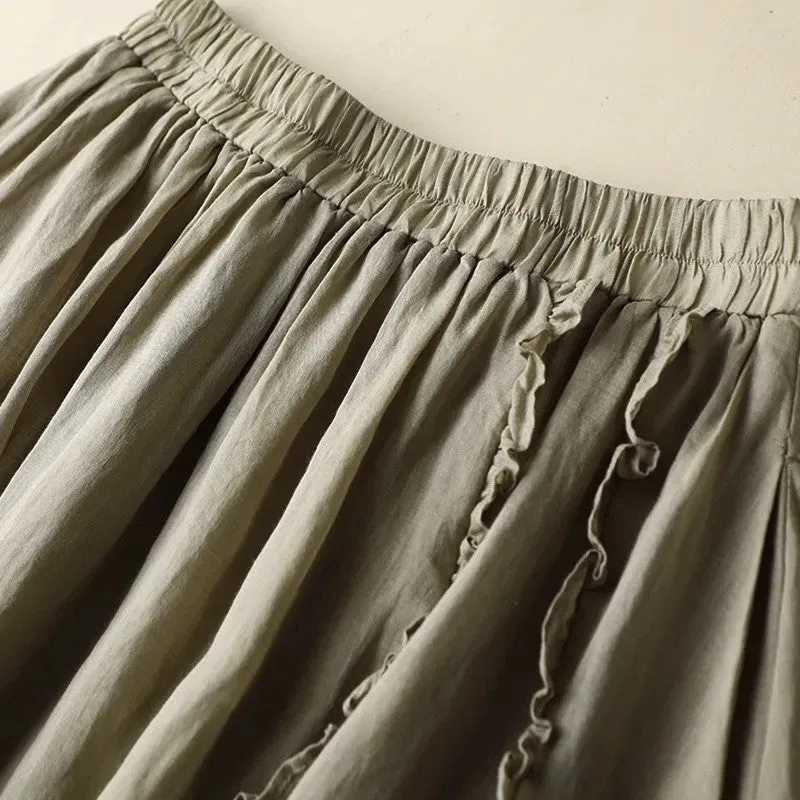 Solid Color Elastic Waist Half Skirt With Mushroom Edge