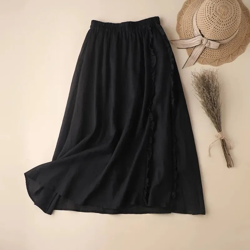 Solid Color Elastic Waist Half Skirt With Mushroom Edge