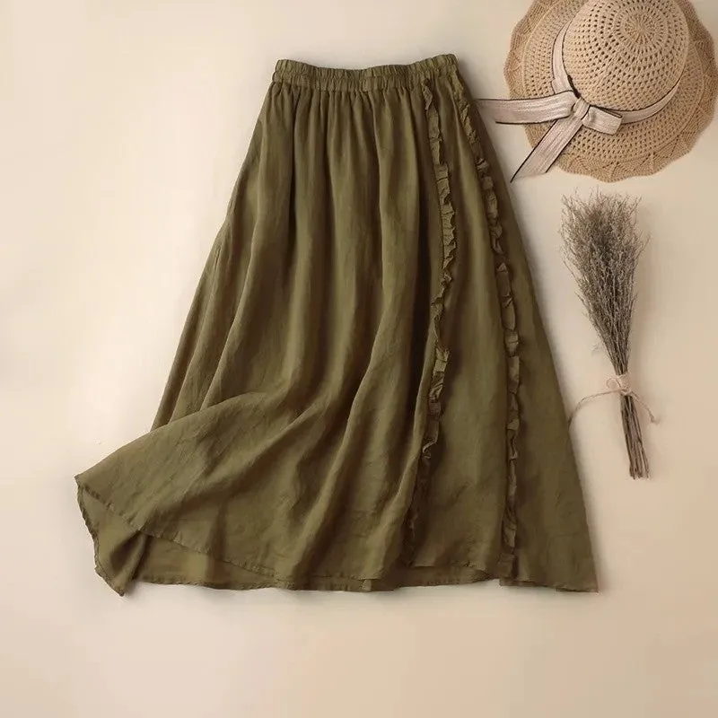 Solid Color Elastic Waist Half Skirt With Mushroom Edge