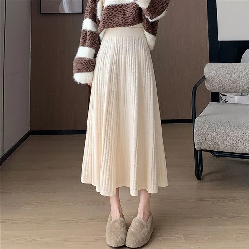 Solid Color High Waist Pleated Knit Midi Skirt