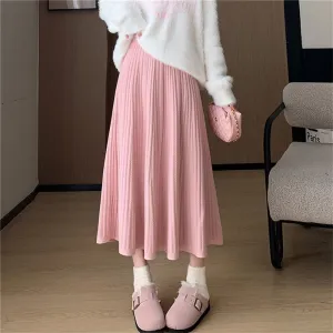 Solid Color High Waist Pleated Knit Midi Skirt