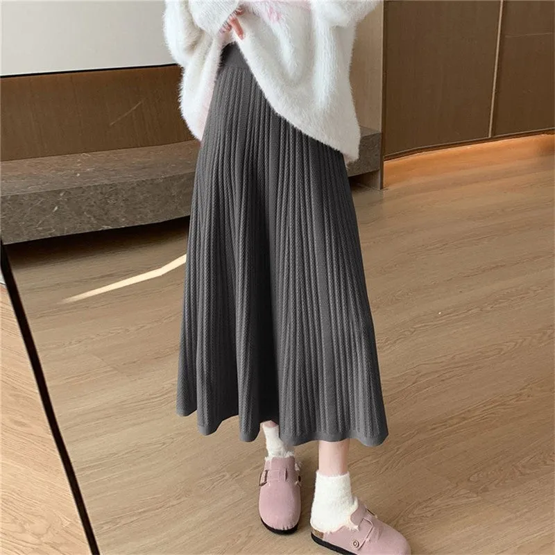 Solid Color High Waist Pleated Knit Midi Skirt