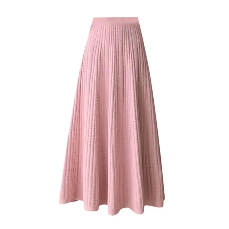 Solid Color High Waist Pleated Knit Midi Skirt