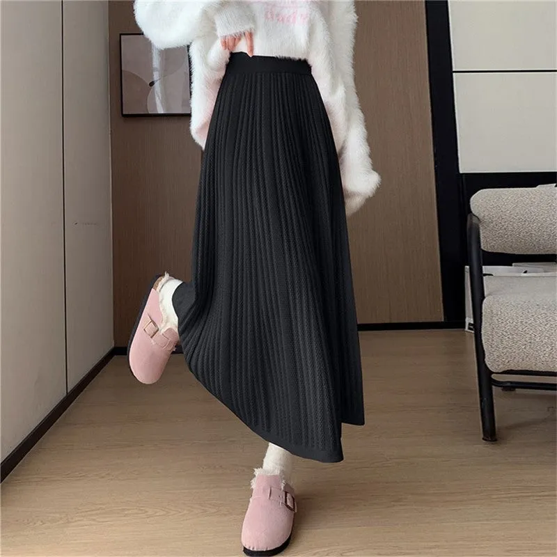 Solid Color High Waist Pleated Knit Midi Skirt