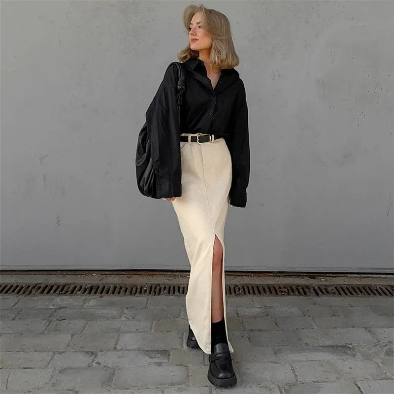Solid Color High Waist Slit Midi Skirt