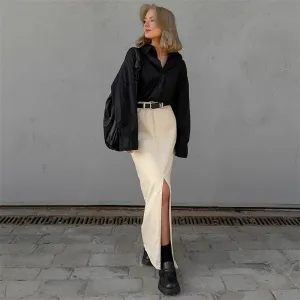 Solid Color High Waist Slit Midi Skirt