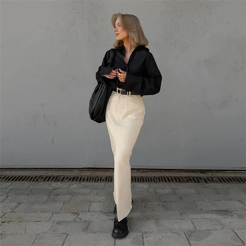 Solid Color High Waist Slit Midi Skirt