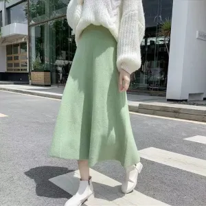 Solid Color High-Waisted A-Line Knit Midi Skirt