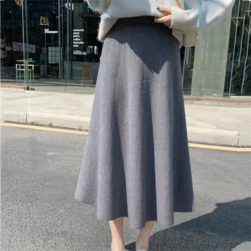 Solid Color High-Waisted A-Line Knit Midi Skirt