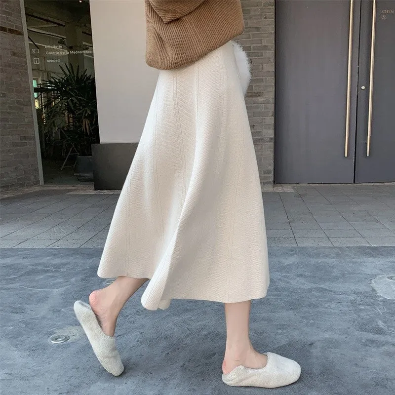 Solid Color High-Waisted A-Line Knit Midi Skirt